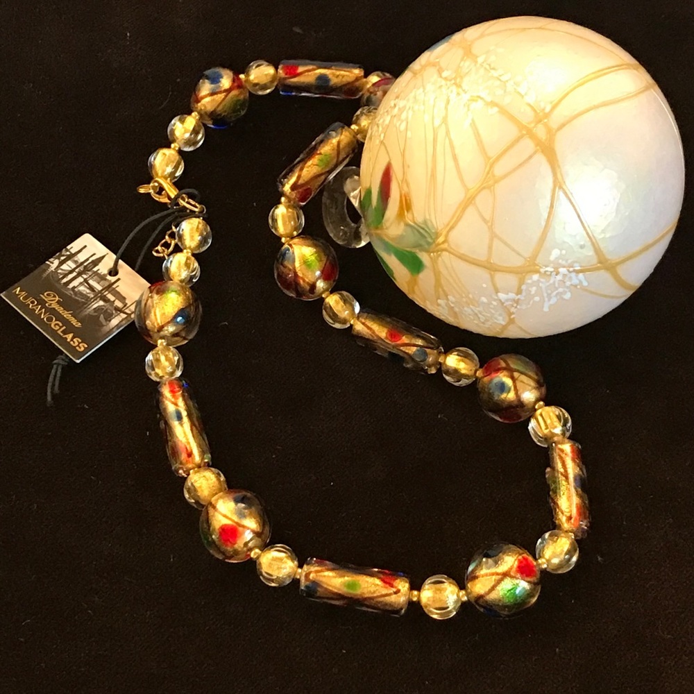 🎁 MURANO ART GLASS REAL GOLD FOIL BEADS NECKLACE HAND BLOWN GLASS VENICE 19” LG
